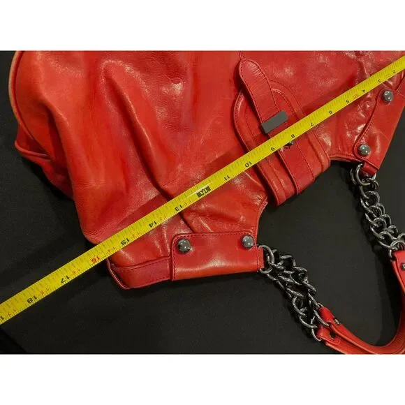 ~ Kenneth Cole NY leather bag shoulder purse brick red, double strap metal chain - Picture 6 of 16